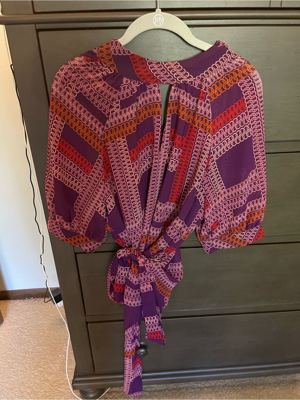 New York & Company Purple Printed Tie-Back Blouse